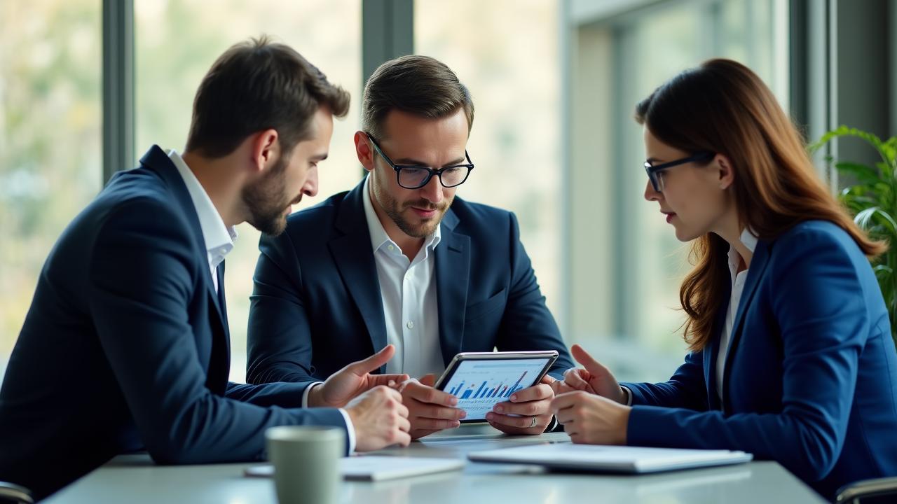 [[COMPANY_NAME]] leadership team collaborating in a modern office