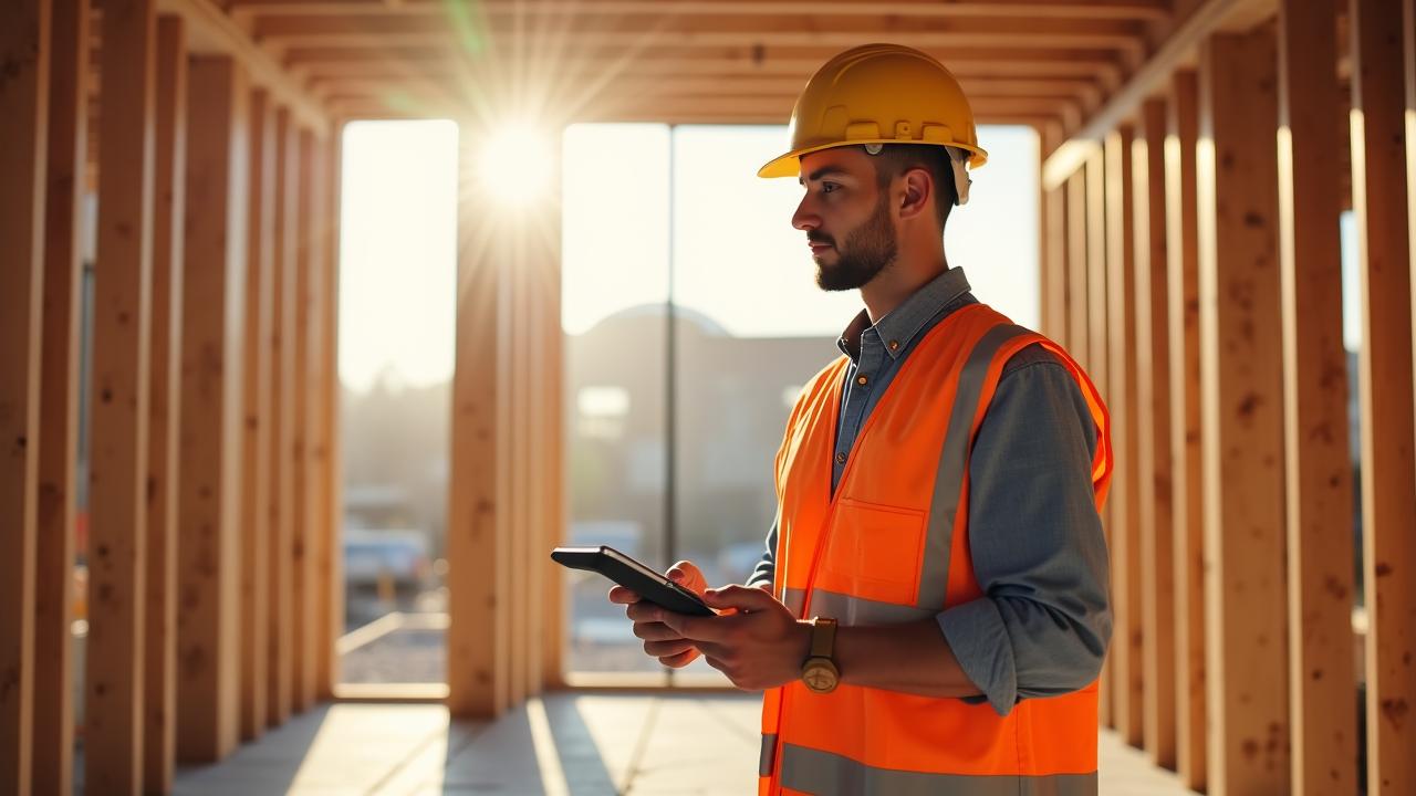 General contractor reviewing blueprints on a high-end residential construction site
