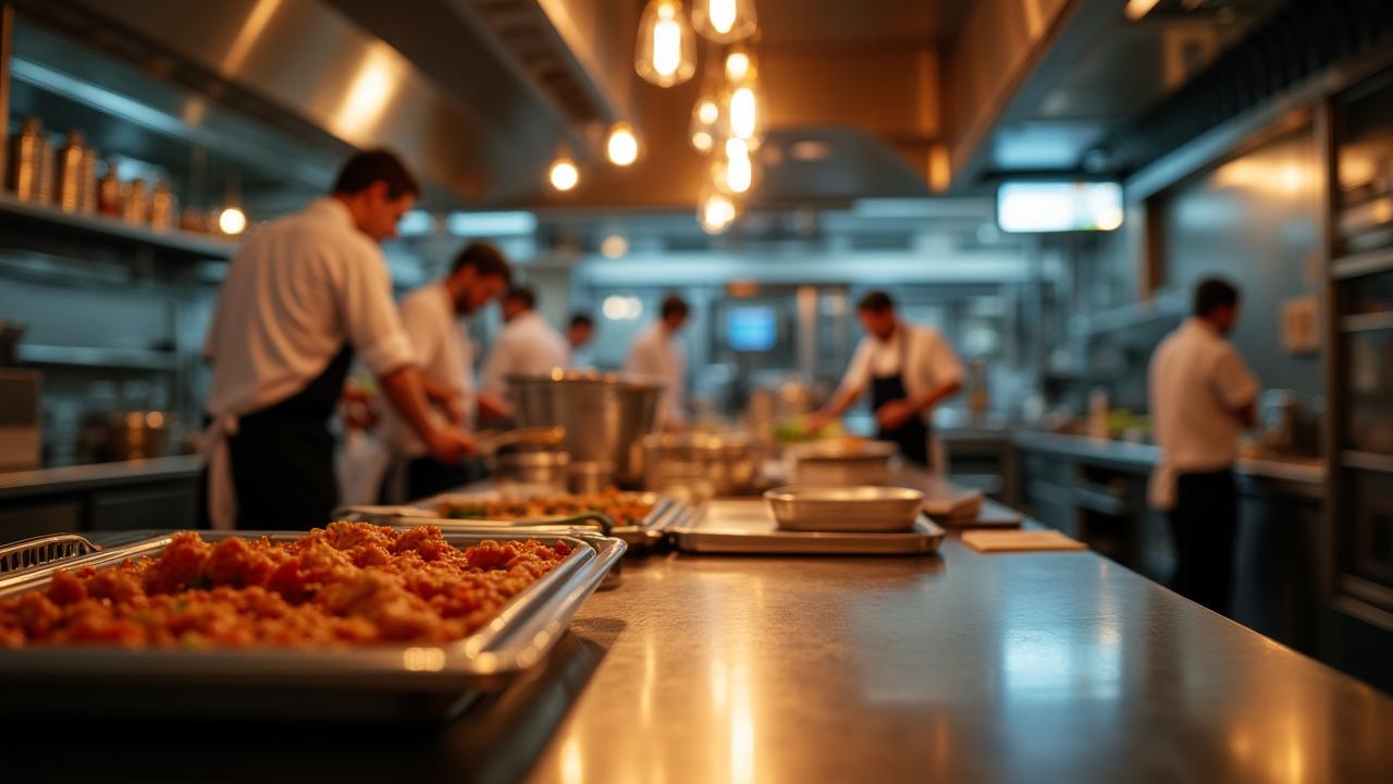 Bustling professional kitchen with chefs preparing high-end dishes