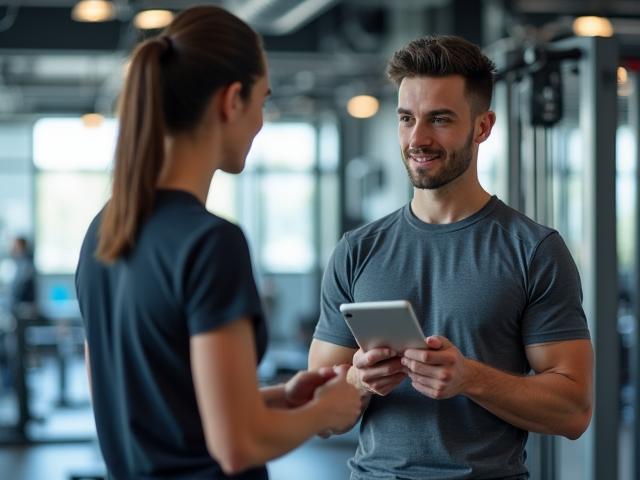 Personal trainer working with a client in a modern gym setting.