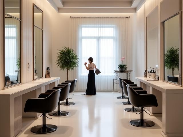 Interior of a high-end hair salon with professional lighting.