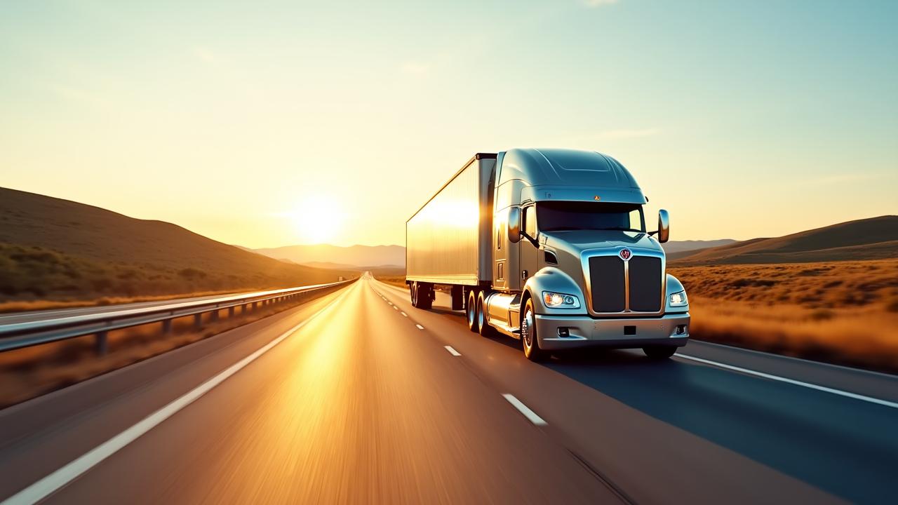 Modern semi-truck driving on an open highway at sunset
